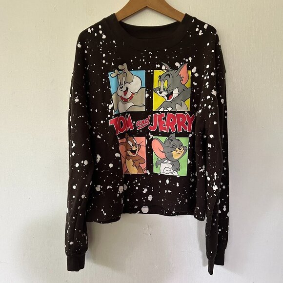 Tom and Jerry Sweatshirt Kids Size Large 11-13 Cropped Black Paint Splatter - Picture 1 of 6